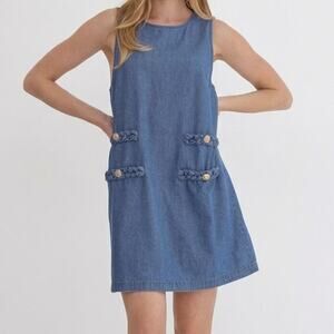 Women's Cotton Medium Wash Crew Neck Chambray Mini Dress Size S Blue